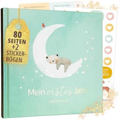 Rabano Mein Erstes Jahr Babyalbum | Hochwertiges Fotoalbum Baby Geschenk | Hochwertiges Fotoalbum Baby mit Goldprägung I 80 Seiten Baby Erinnerungsbuch I Geschenk zur Geburt für Ju