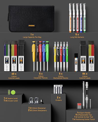 STAGEEK 49 Set Zimmermannsbleistifte mit Anspitzer, Markierstifte mit Langer Spitze, Hartmetall-Anreißwerkzeug und Konstruktionsbleistifte für Architekten und Holzarbeiter mit Etui