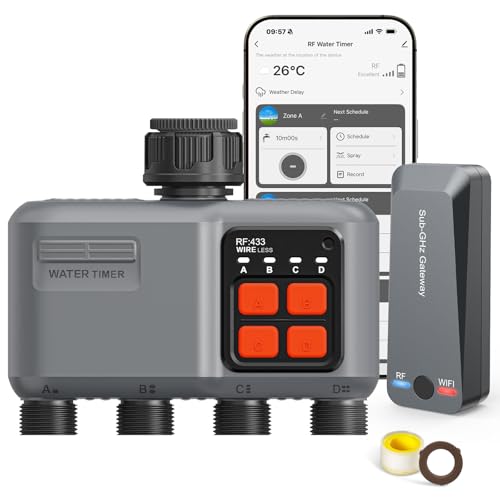 WiFi Sprinkler Timer 4 Zone with 984 Feet RF Gateway, 4 Outlet Smart Water Timer for Garden Hose with Rain Delay/Manual/Automatic,WiFi Water Hose Timers for Garden & Lawns