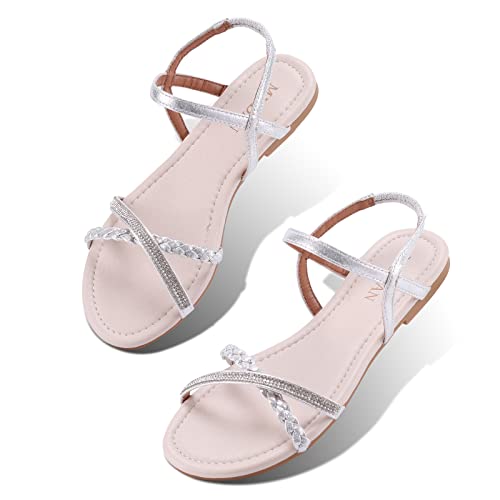 Mudan Womens Shoe Flat Braided & Rhinestone Comfortable Slingback Sandal (7 B(M) Us, Silver) #TOP2