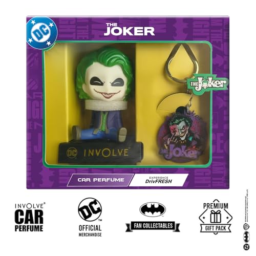 Image of Involve DC The Joker Character Fiber Bobblehead Car Perfume & Keychain | OFFICIAL DC MERCHANDISE from Warner Bros | Car Air Freshener | Car Accessories 2026 | Car Dashboard Idol | Dashboard Figurine