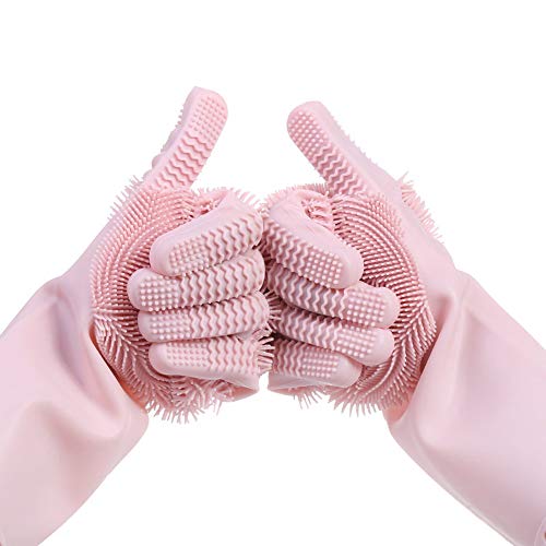 Preisvergleich Produktbild Silikon-Handschuhe, Wiederverwendbares Silikon Abwasch Handschuhe, Gummi-Scrubbing Handschuhe Für Geschirr, Wäsche-Reinigung Handschuhe Mit Schwamm Wäscher Für Reinigung Spültechnik Küche Und Bad,Rosa