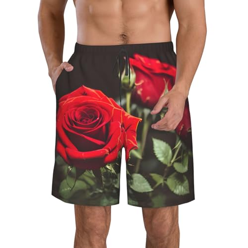 Wine and Red Rose Print Stylish Beach Shorts Swim Trunks Lightweight Breathable Summer Outdoor Activities