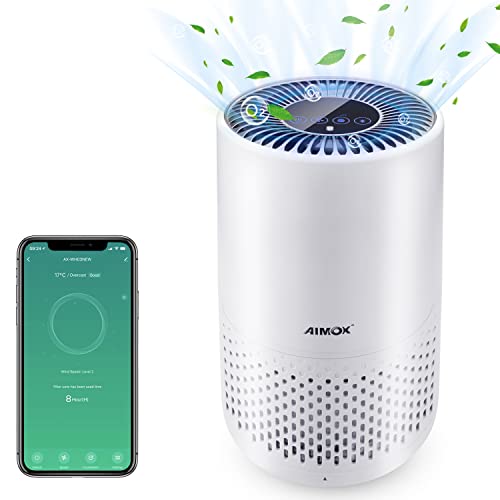 Smart Air Purifier for Bedroom Home, Aimox with Air Quality Sensor Quiet Air filter 3 Speeds Timer Night Light CADR 136m³/h HEPA Filters Works with APP Control Alexa & Google