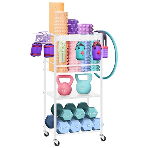Home Gym Storage Rack, Heavy Duty Yoga Mat Holder Workout Equipment Storage Organizer Weight Rack with Hooks & Wheels for Dumbbells Kettlebells Dumbbell Yoga Block Foam Rollers Yoga Strap Resistance