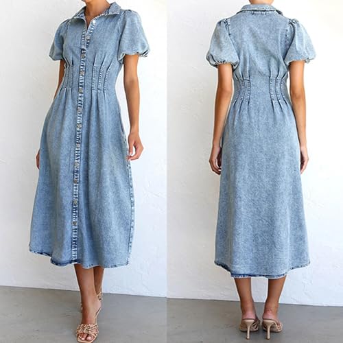 utcoco Women Long Denim Dress Puff Sleeve Button Down Casual Slim Fit Midi Jean Shirt Dress2