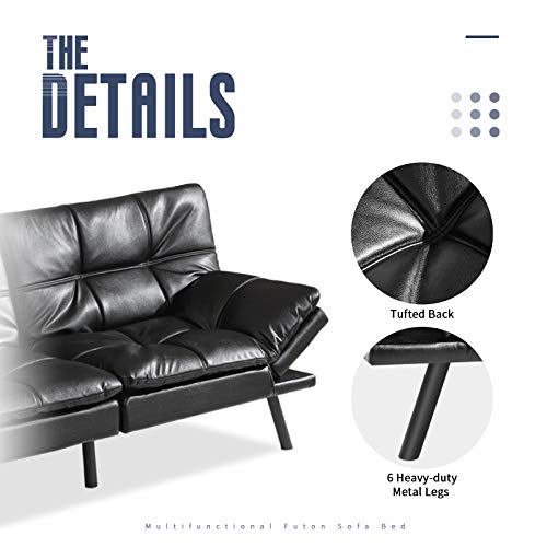 Iululu Futon Bed, Faux Leather Sofa Couch With Memory Foam, Modern Convertible Sleeper Daybed With Adjustable Armrests For Studio, Apartment, Office, Dorm, Easy Assembly, Black #TOP5