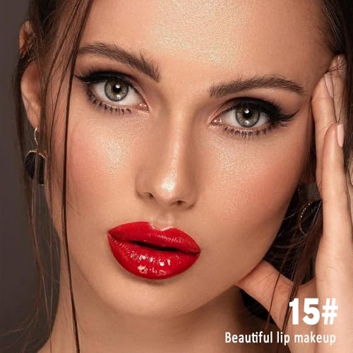 Image of evpct Cool Ruby Red Shiny Longwear No-Budge Liquid Lip Color Lipstick Makeup, Highly Pigmented Color Instant Shine, Waterproof Long Lasting Lipstick Women, Lip Stain Gloss with Lip Liner Brush, 15#