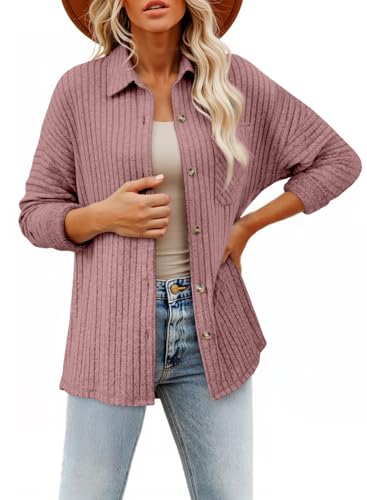 SHEWIN Fall Jackets for Women 2025 Fashion Button Down Shirts Shackets Loose Fit Long Sleeve Tops Solid Womens Blouses Dressy Casual Winter Clothes Outwears Fushia L