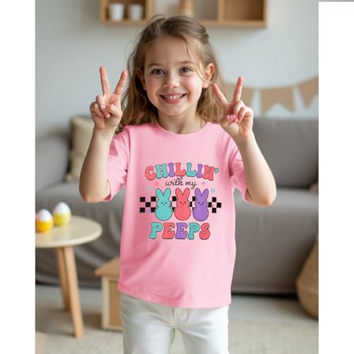 Image of Girls Easter Bunny Shirts Chillin with My Peeps Letter Print T-Shirt Cute Rabbit Short Sleeve Tee Tops