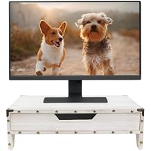 Ikee Design Wooden 2 Tier Monitor Stand with Drawer,Wood Desktop Stands for Laptop ,TV, Computer Riser,Wooden Clutter-Free Desk Storage Organizer,16 1/2 W x 10 1/4 D x 5 1/8 H in, White