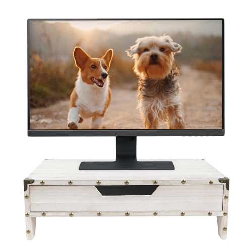Ikee Design Wooden 2 Tier Monitor Stand with Drawer,Wood Desktop Stands for Laptop ,TV, Computer Riser,Wooden Clutter-Free Desk Storage Organizer,16 1/2 W x 10 1/4 D x 5 1/8 H in, White
