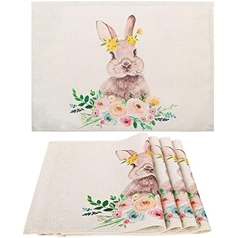 Minicoco Placemats Set of 4, Linen Table Mats, Non-Slip Washable Place Mats for Kitchen Dining Table, Decorative Holiday Placemat for Home Restaurant Hotel Cafe (Easter) Cover