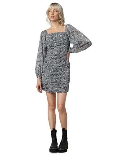 Image of ONLY Women's Abstract Printed Gathered Puff Sleeve Sheath Dress | Above The Knee Western Dress
