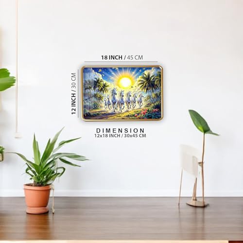 Image of Dharvika Innovations 7 Running Horses Photo Frame, Ultra High Gloss Lamination, Vastu Painting for Living Room, Office, 12x18 Inch (Design 25)