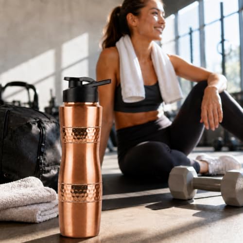 Image of Pure Copper Water Bottle 32 Oz Extra Large Wide Mouth Drinking Bottle | with Cleaning Brush, Leak Proof Ayurvedic Reusable Metal Bottle for Home Gym Office Travel, Brush Copper