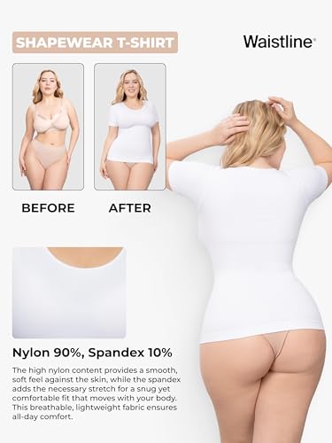 WAISTLINE Women's Compression Seamless T-Shirt - Short Sleeve Body Shaping & Tummy Control Tee - Scoop Neck T Shirt