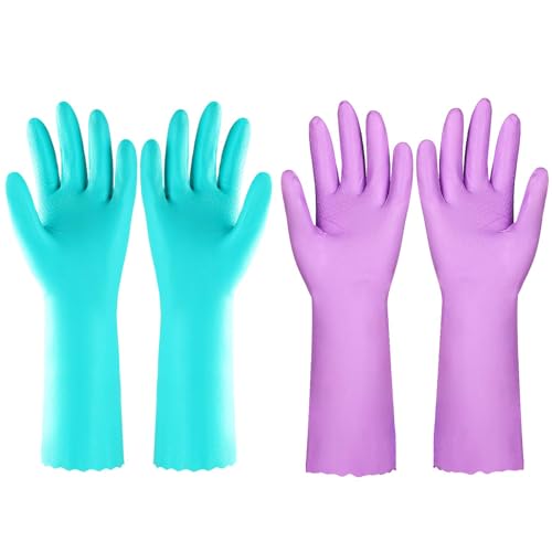 Comparison: Best Gloves For Dishwashing 8 Elgood Reusable Dishwashing Cleaning Gloves with Latex free, Cotton lining,Kitchen Gloves 2 Pairs,Purple+blue Medium