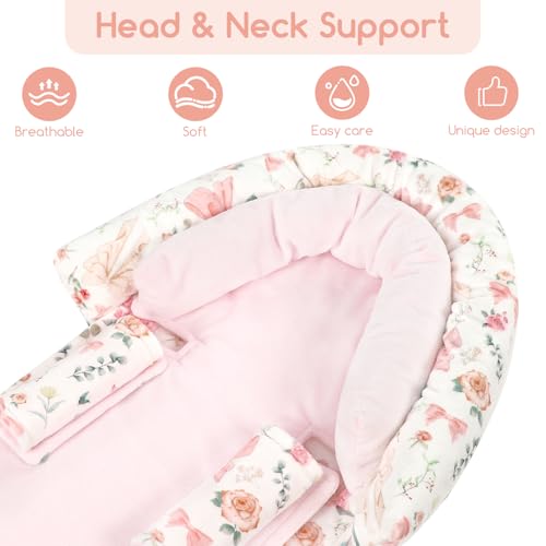 Image of GFU Baby Car Seat Head Support for Newborn, 2 in 1 Infant Car Seat Head Body Support with Strap Pads, Soft Stroller Cushion Pillow Insert for Girls, Fits for Stroller, Swing, Pink Floral