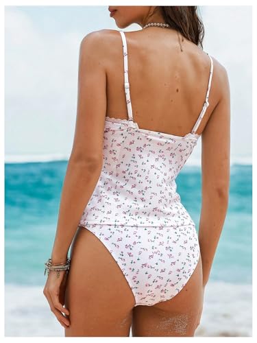 MakeMeChic Women's Tankini Sets Ditsy Floral Print Lace Trim Rib Knitted Beach Swimsuit2