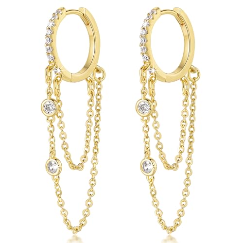 14K Gold Earrings for Women Dangle Gold Hoop Earrings for Women Dangling Tassel Chain with Cubic Zirconia Earring Dangling