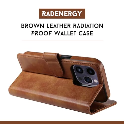 RadEnergy EMF Protection Anti Radiation iPhone Leather Flip Folio Case for Iphone, Genuine Leather Wallet Case/Cover with Card Holder & Stand Function (Brown, iPhone 13)