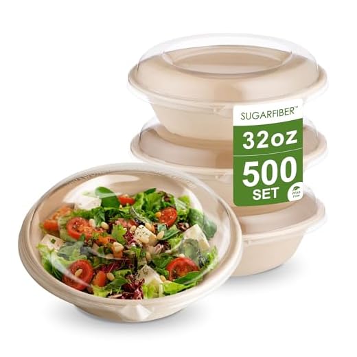 [ 500 SET] Sugarfiber 32oz Round Bowls with Dome Lids - Compostable Eco-Friendly Containers made plant fibers for Meal Prep Takeout Dinnerware Plates Catering.100% by-product
