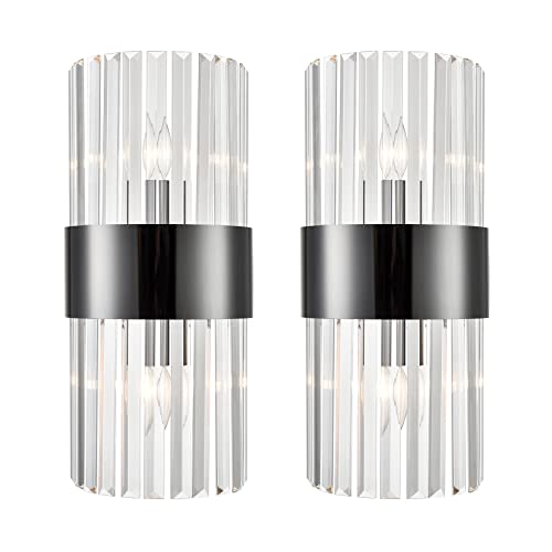 SAMTEEN Crystal Wall Sconces Set of Two Modern Titanium Black Crystal Sconces Wall Lighting 2-Light Clear Glass Wall Light Fixtures for Bathroom Hallway Bedroom
