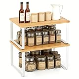 UOMIO - Juego de 2 estantes de cocina de bambú para especias, organizador apilable y ampliable para armario de cocina, estante de cocina con tablero de bambú y marco de metal para cocina, color negro