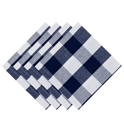 Image of Cotton Blend Buffalo Plaid Table Napkins (Set of 4), 20 x 20 Inch Washable Dinner Napkins, Checks Cloth Napkins for Restaurant, Wedding, Holiday, Farmhouse, Navy and White