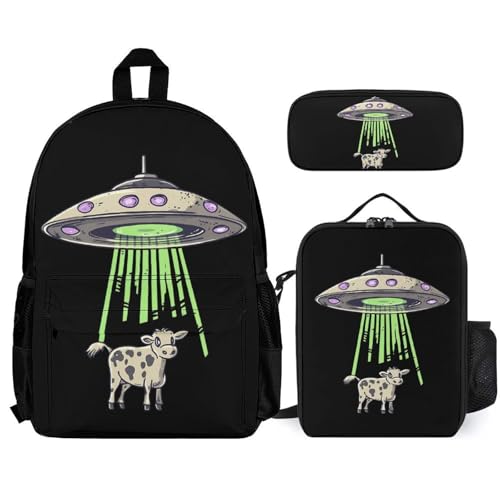 Printed Spaceships And Cows Backpack 3 Set with Lunch Bag Insulated Shoulder Meal Tote Bags Pencil Case Box Casual Daypack