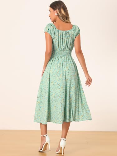 Image of Allegra K Women's Floral Dresses Square Neck Puff Short Sleeves Flare Midi Dress