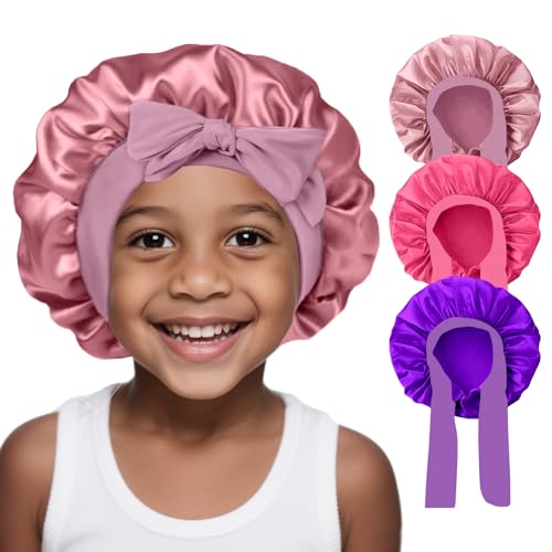 3 Pcs Kids Silk Bonnet for Sleeping-Baby Kids Satin Hair Bonnet for Curly Hair Girls Boys with Wide Elastic Band Sleeping Cap for Teens Toddler (Rose Gold+Hotpink+Purple)