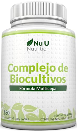 Probióticos Complejo de Biocultivos - 180 Cápsulas de Alta Potencia - 6 Meses - Cepa Múltiple Vegetariana - Con Lactobacillus Acidophilus y Bifidobacterium - Fabricado en Europa - Nu U Nutrition
