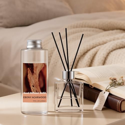 Image of STRN Reed Diffuser Oil Refill, Ebony Agarwood Scented Diffuser Oil Refills with 6 Reed Sticks 200ML(6.8fl.oz), Room Fresheners for Home, Long-Lasting Summer Fragrance for Living Room, Bedroom, Office