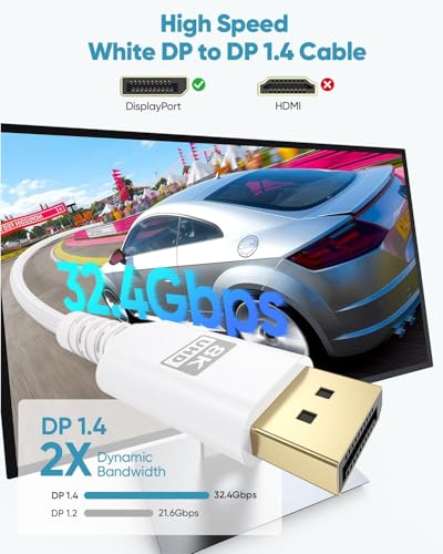 Câble DisplayPort blanc 8K ultra fluide HDR pour PC