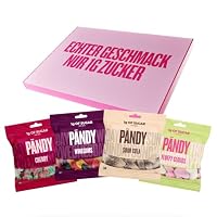 Pändy zuckerfreie Gummibärchen mit 100% Geschmack - 4x 50g (Winegums, Fluffy Clouds, Sour Cola & Cherry) - zuckerfreie Süssigkeiten (<1g Zucker) - glutenfreie Süßigkeiten ohne Zucker - low carb.