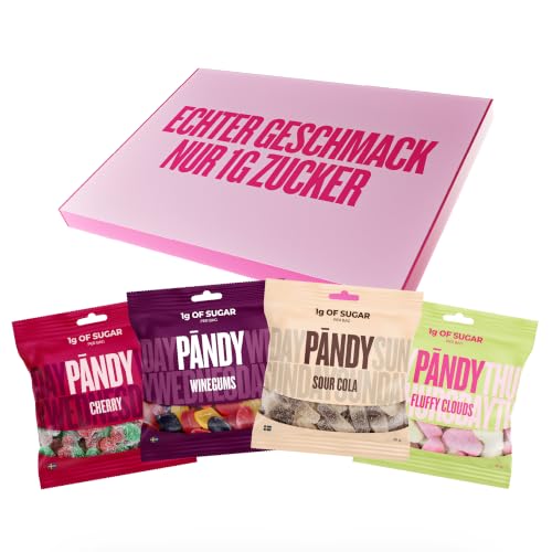 Pändy zuckerfreie Gummibärchen mit 100% Geschmack - 4x 50g (Winegums, Fluffy Clouds, Sour Cola & Cherry) - zuckerfreie Süssigkeiten (<1g Zucker) - glutenfreie Süßigkeiten ohne Zucker - low carb.
