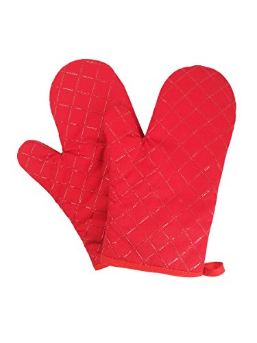 CAMILIFE 2 Stücke Verdickte Hitzebeständige Ofenhandschuhe Topflappen Mikrowellenofen Handschuhe Backhandschuhe Silikon rutschfest-Rot, Stoff, Breite 18cm Länge 28cm thumbnail