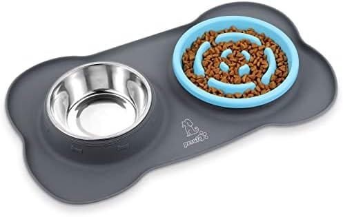 Pecute Slow Feeder Dog Bowls to Slow Down Eating, Dog Bowl Slow Feeder with No-Spill Non-Skid Silicone Mat, Food-Grade Safe Dog Food Bowls Slow Feeder, Stainless Steel Dog Water Bowl for Dogs Cats