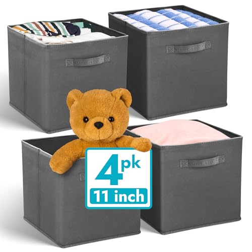 Reli. 11 Inch Cube Storage Bins (4 Pack) | Cube Organizer Bins | 11×11 Fabric Storage Boxes | Collapsible, Foldable Fabric Cubby Box (Square) | Kids Room Organization (Dark Gray)