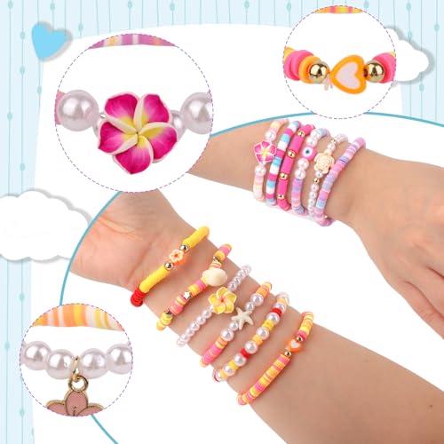 24pcs Hawaiian Tropical Plumeria Friendship Bracelets, Bohemian Elastic Beaded Bracelets Colorful Y2K Pearl Summer Beach Jewelry for Hawaiian Themed Party Luau Beach Party Favors4