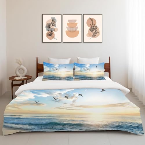 Jamie World Beach Ocean Bedding Set Twin Full Queen King Size Coastal Bird Duvet Comforter Cover Sunrise Flower Cozy Quilt Cover Decorative Soft Bed Sets With 2 Pillowcases For Kids Adults thumb #4