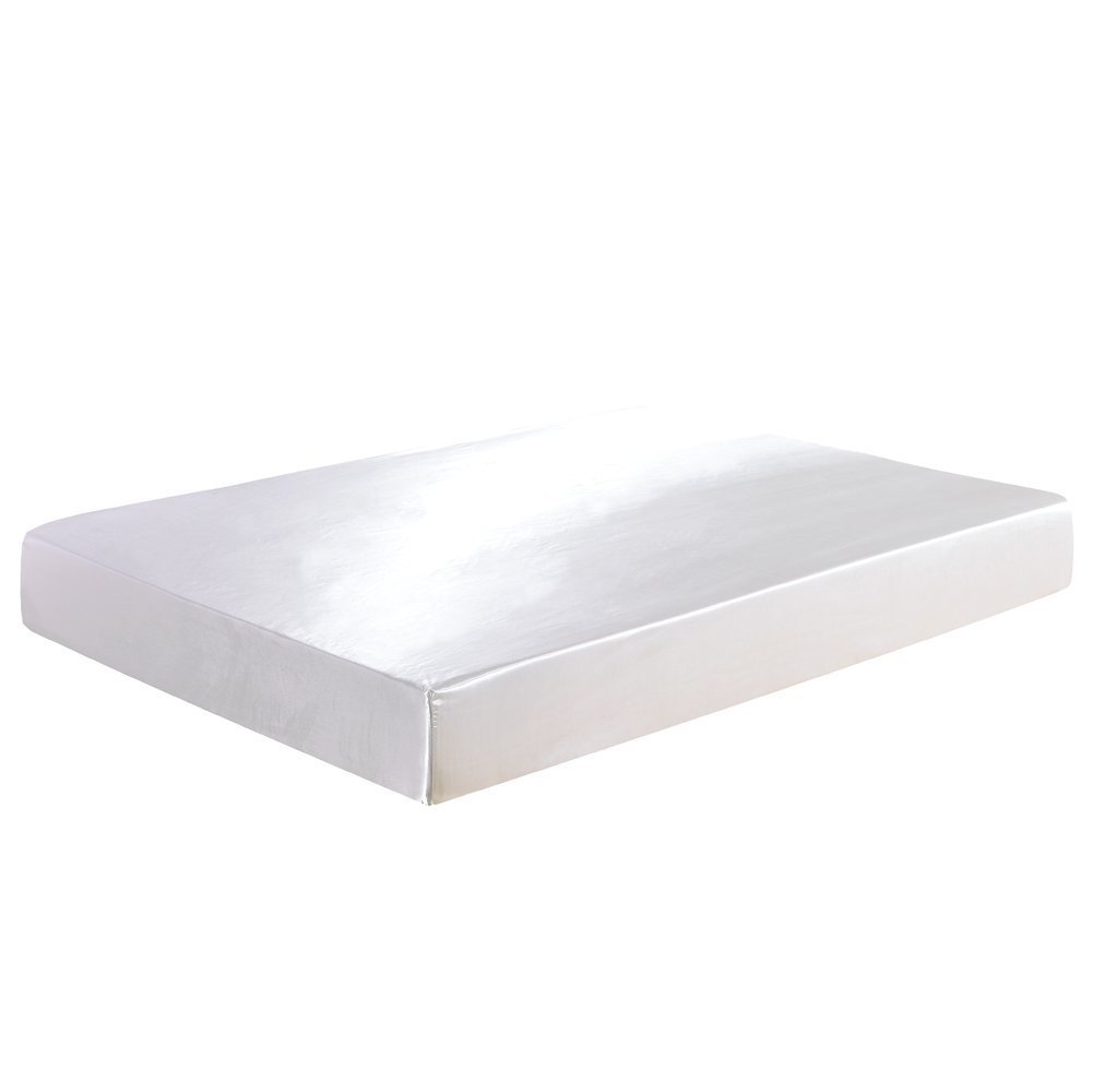 Juwenin White Luxury Silk Satin Deep 12" Skin Beauty Hair Health Face Care Hypoallergenic Fitted Sheet(Single,)
