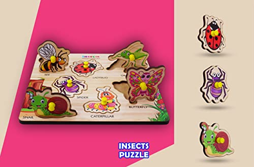 Image of Insects Wooden Puzzle - Montessori Educational Wooden Jigsaw Board for Toddlers & Kids Ages 2-5 - Early Learning Bug Identification & Fine Motor Skills Toy