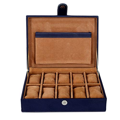Image of Leather World PU Leather 10 Slots Wrist Watch Box Case Organizer Jewelry Storage for Men and Women (Blue P)