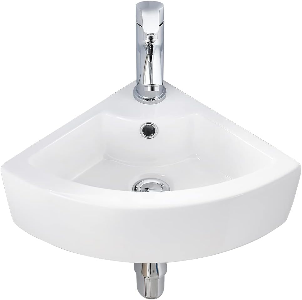 Small Corner Bathroom Sink Wall Mount White Triangle Porcelain Ceramic Above Counter Mini Wall Vanity Vessel Sinks with Single Faucet Hole and Overflow
