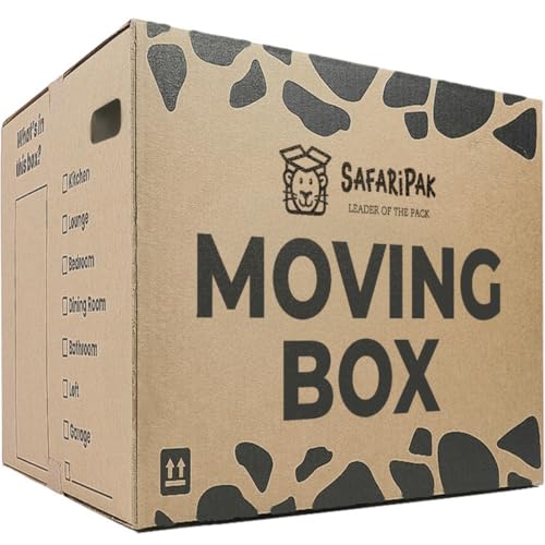 SAFARIPAK - 10 Pack Strong Extra Large 52cm x 52cm x 40cm Reusable Cardboard Storage Packing Moving House Boxes with Carry Handles and Room List Checkboxes - 108 Litres Capacity