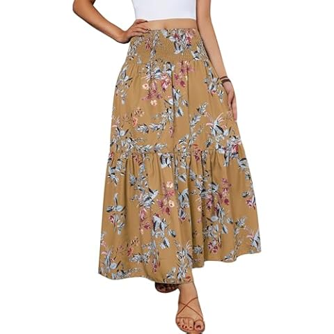 YHYJMY Womens Maxi Skirts Elastic High Waisted Floral Skirt A Line Boho Skirts Womens Flowy Midi Long Skirts（YY495-Khaki-S Cover