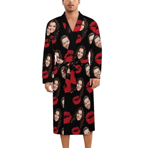 Personalized Couple Pet Face Robes for Women Men, Custom Face Photo Long Sleeve Belted Bathrobe, Funny Short Bath Robe